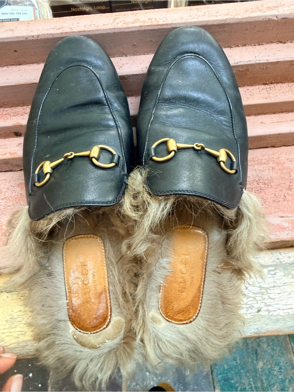 Gucci Black Leather Fur-Lined Horsebit Mules